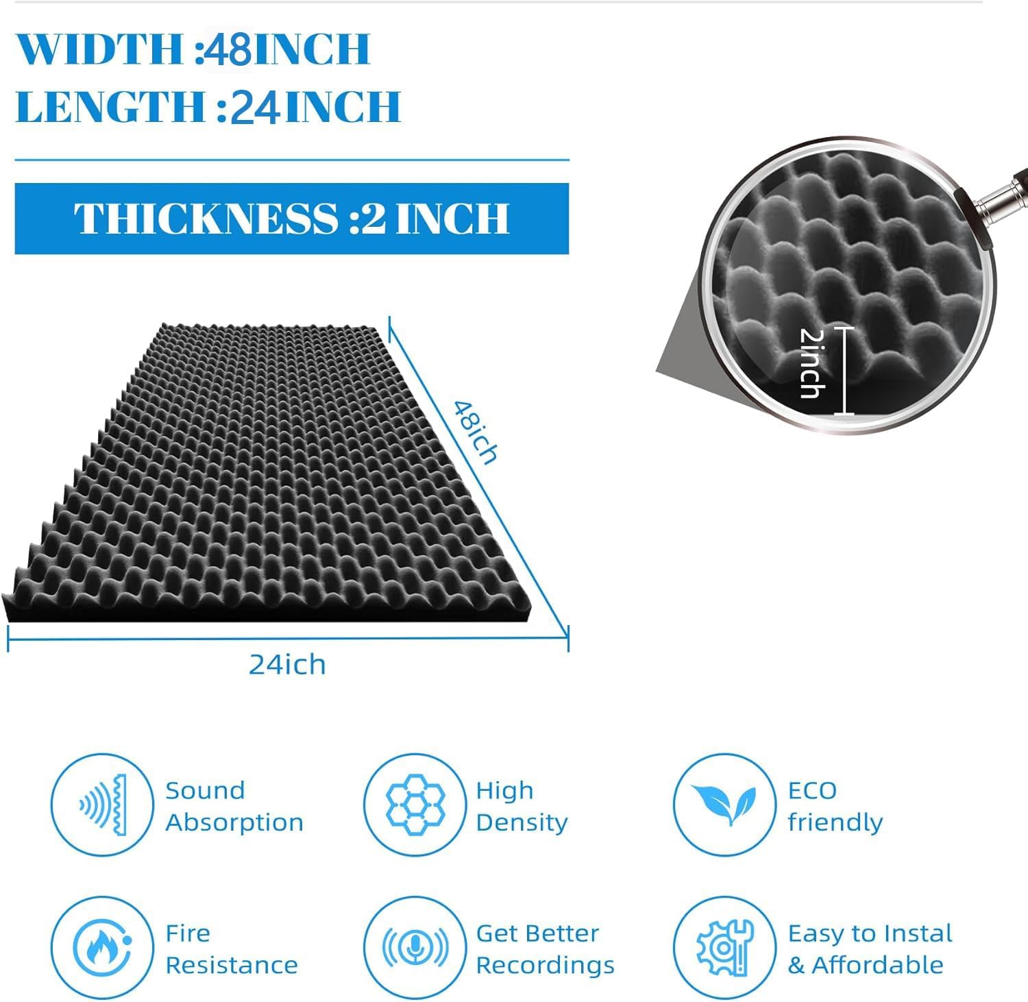 1 Pcs Sound Proof Foam Panels |48"×24"×2" Quick-Recovery Soundproof Wall Panels | High... image