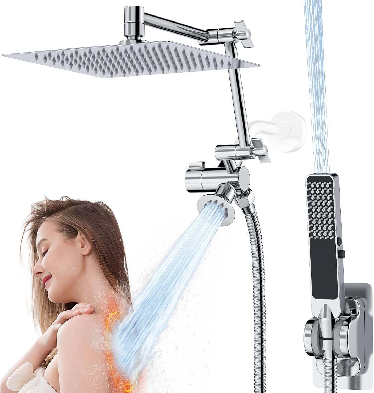 10 Inch Metal Rain Shower Head with Handheld Spray Combo, Massage Fixed and 3 Modes Handheld...