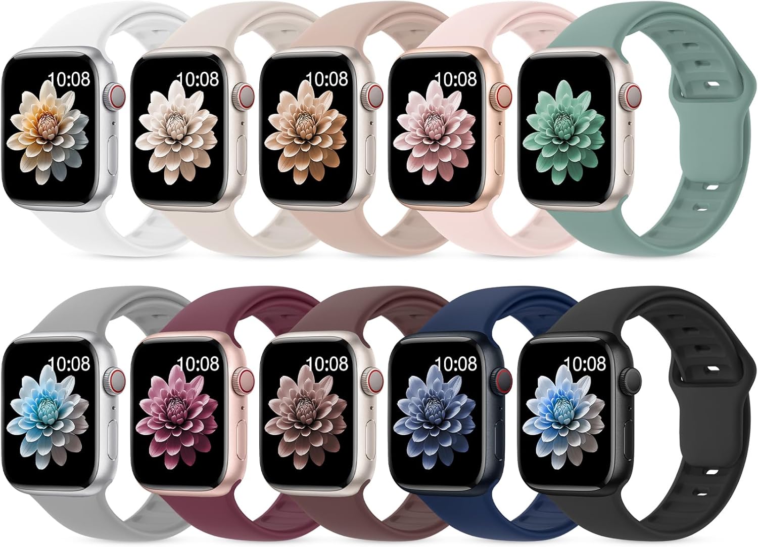 10 Pack Silicone Bands Compatible with Apple Watch 38mm 40mm 41mm 42mm 44mm 45mm 46mm 49mm...