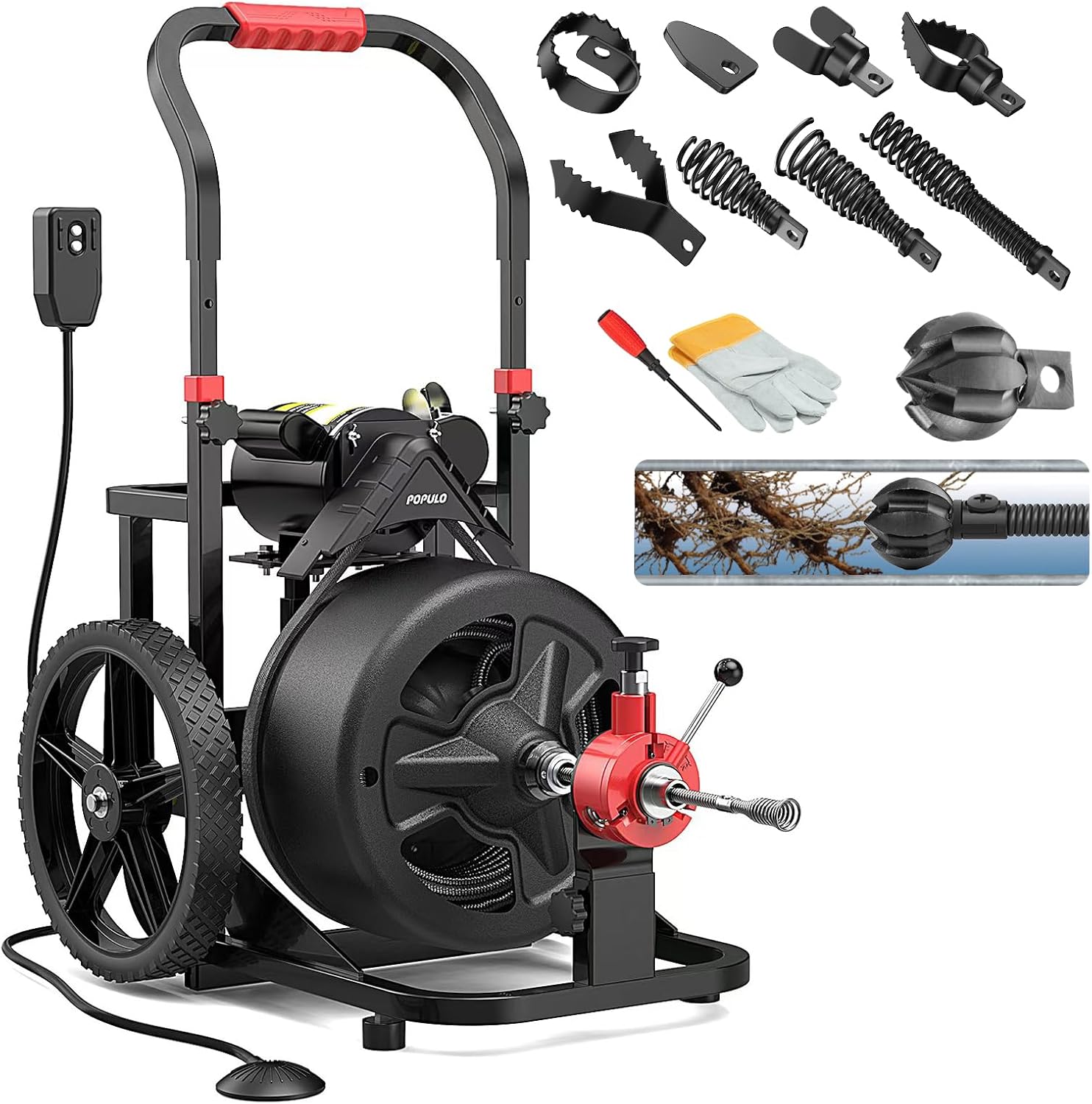 100 ft x 1/2 inch POPULO Auto Feed Electric Drain Snake Auger for 2 to 4 Inch Pipes, Sewer...