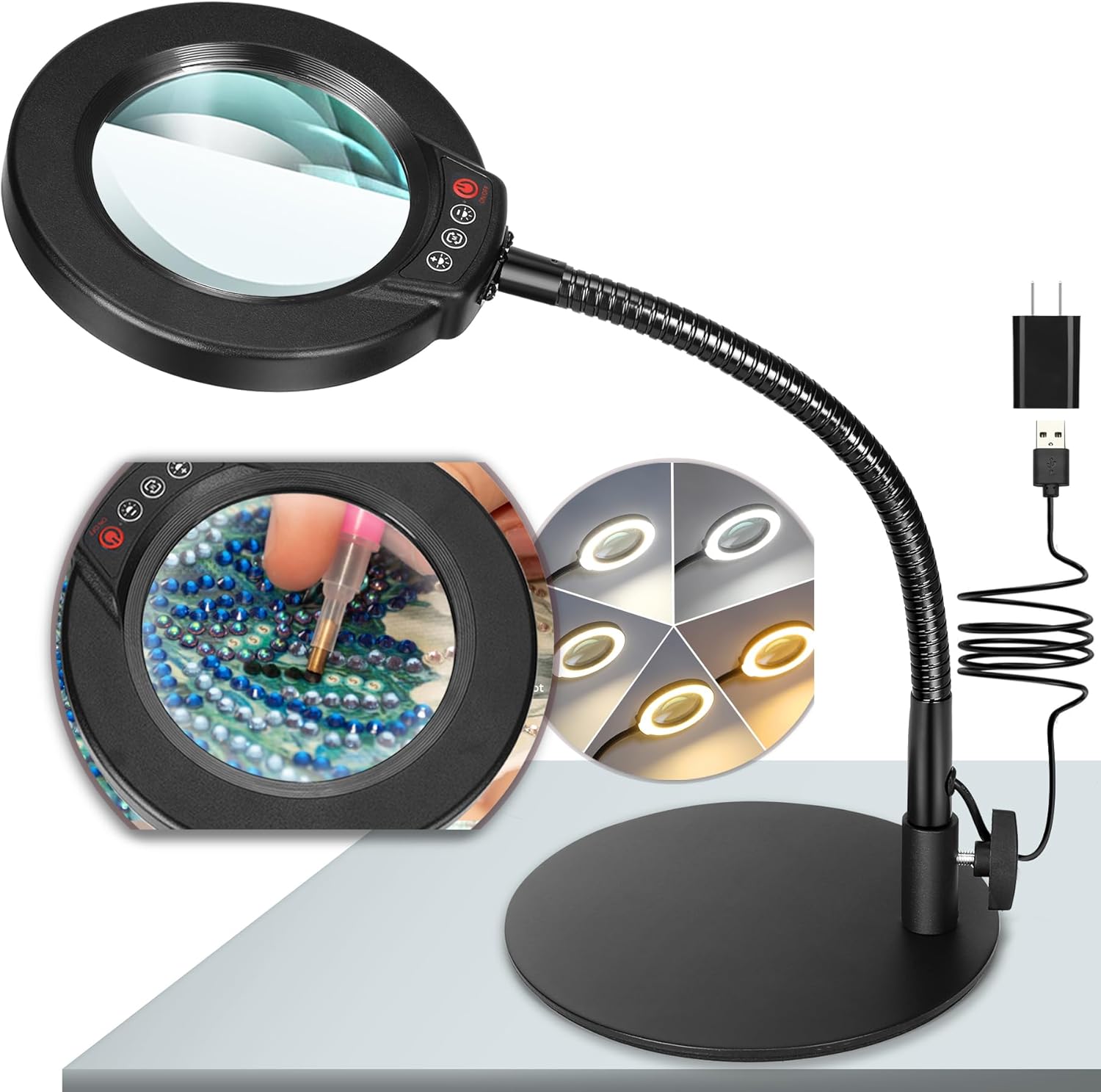 10X Magnifying Glass with Light and Stand, 5 Color Modes Stepless Dimmable LED Lighted Desk...