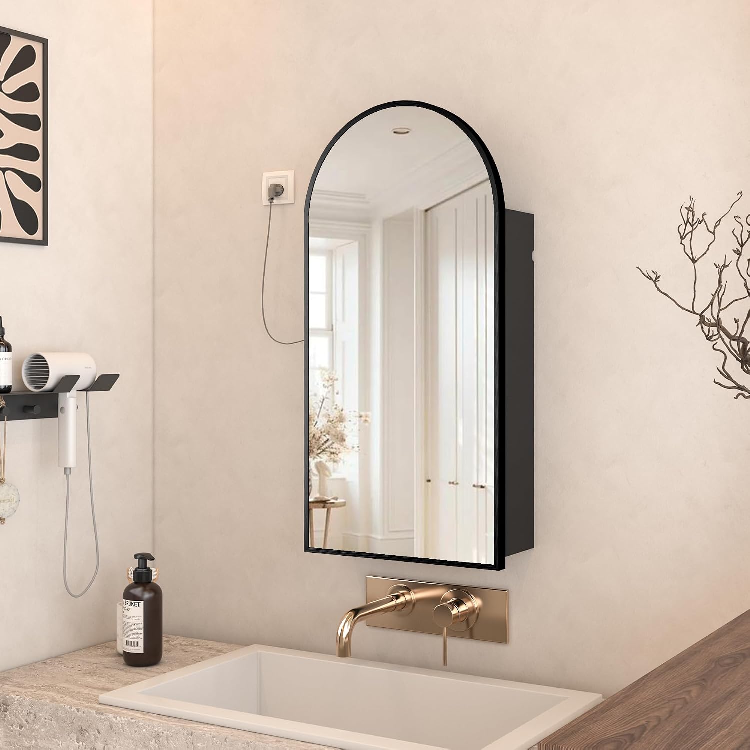 16x 32 inch Bathroom Cabinet with Mirror,Black Arched Medicine Cabinet with Outlets,Vanity...
