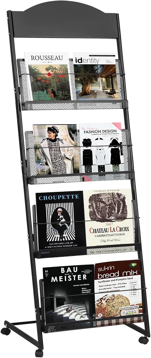18.9''W Floor-Standing Magazine Display Rack, Rolling Journals, Brochure & Newspaper Stand...