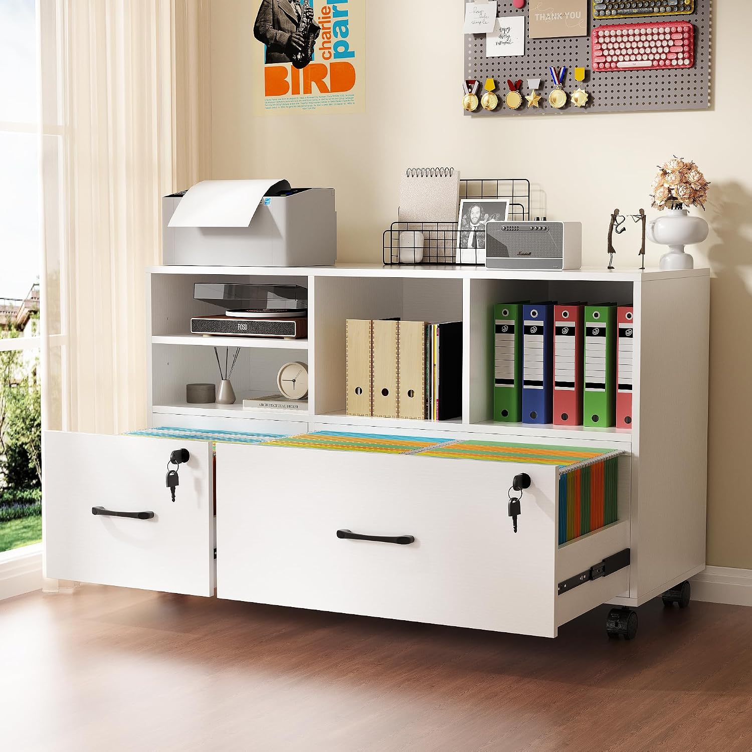 2 Drawer Mobile Lateral File Cabinet with Lock, Lockable Wood Filing Cabinet with Open...