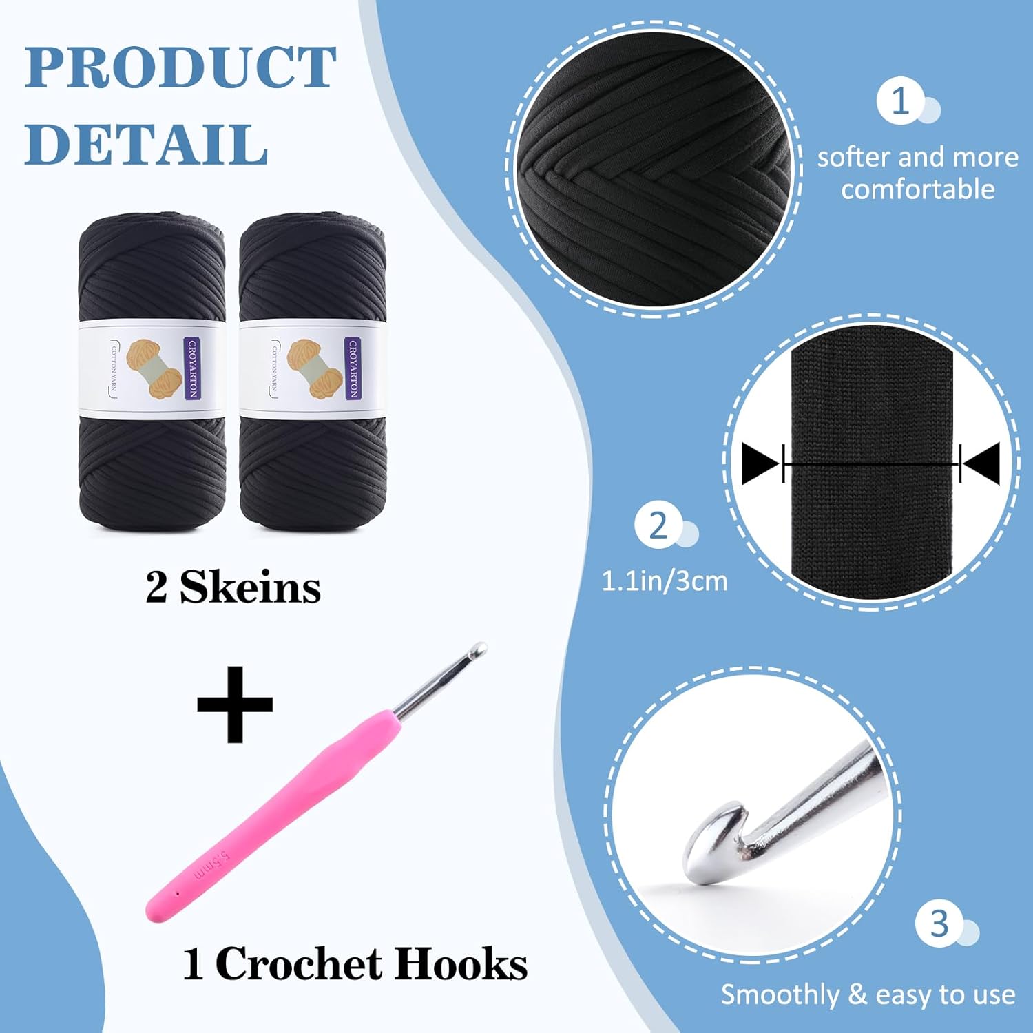 2 Pack T Shirt Yarn for Crocheting with 1 Crochet Hook, Elastic Tshirt Yarn for Crochet... image