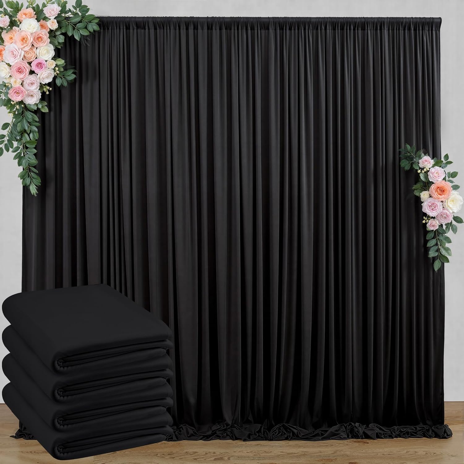 20 ft x 10 ft Wrinkle Free Black Backdrop Curtain for Parties, 4 Panels 10ft Polyester Black...