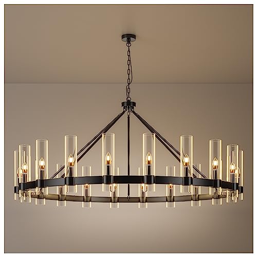 20-Lights Black Wagon Wheel Chandelier Modern Farmhouse with Glass Shade, 60 Inch Large... image