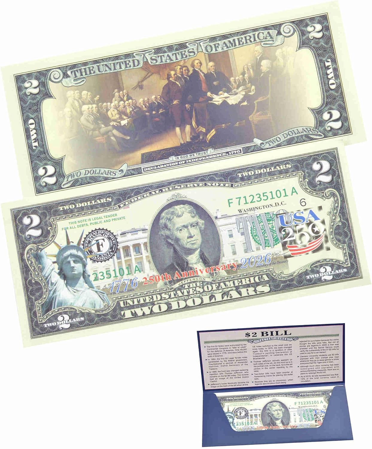 250th Anniversary Collectible Bill | Independence Day 2 Dollar Bill 250 Anniversary...