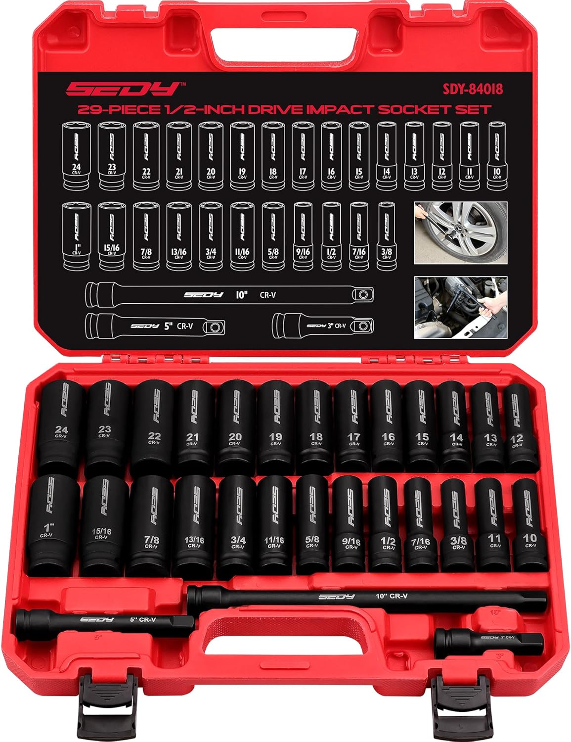 29-Piece 1/2" Drive Impact Socket Set, SAE (3/8 to 1 inch) and Metric (10-24mm) Sizes with...