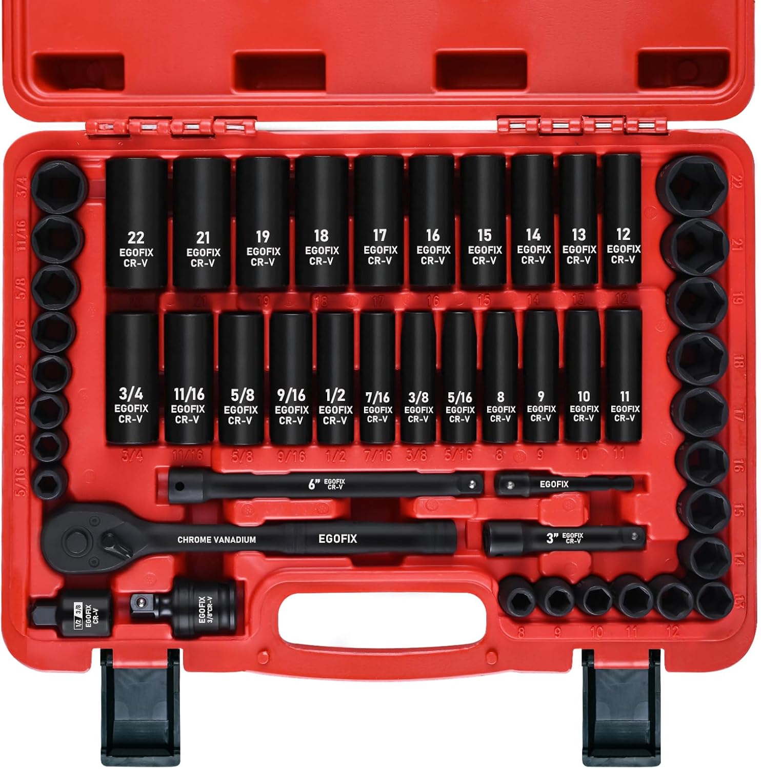 3/8" Drive Impact Socket Set, 50 Piece Standard SAE (5/16 to 3/4 inch) and Metric (8-22mm) 6...