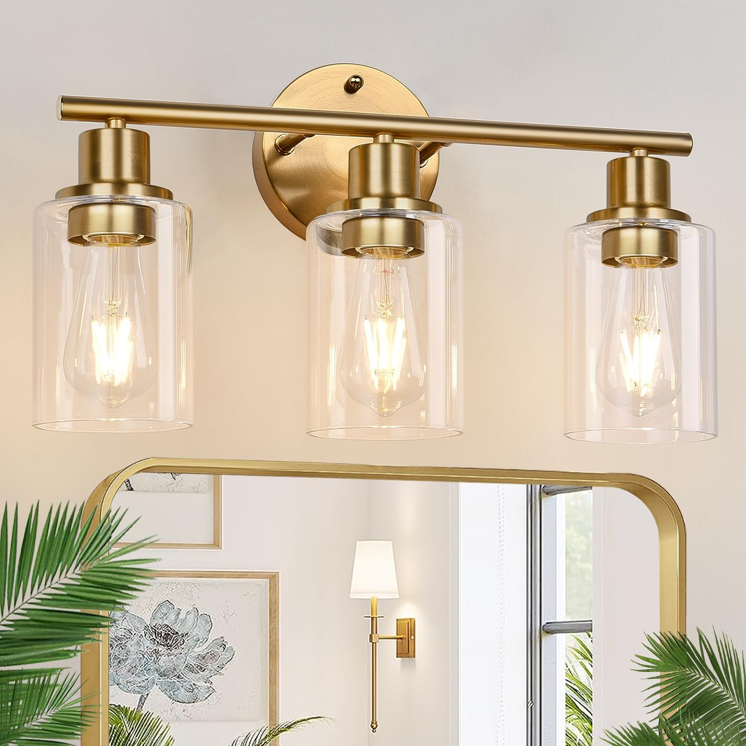 3-Light Gold Bathroom Light Fixtures, Modern Bathroom Vanity Light with Clear Glass Shade...