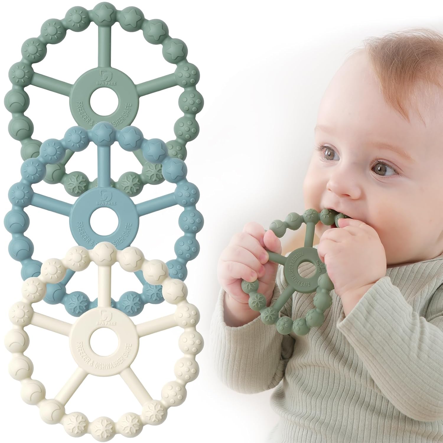 3 Pack Ring Teether Baby Infant Toys, Baby Essentials, Silicone Teething Ring Toys for...
