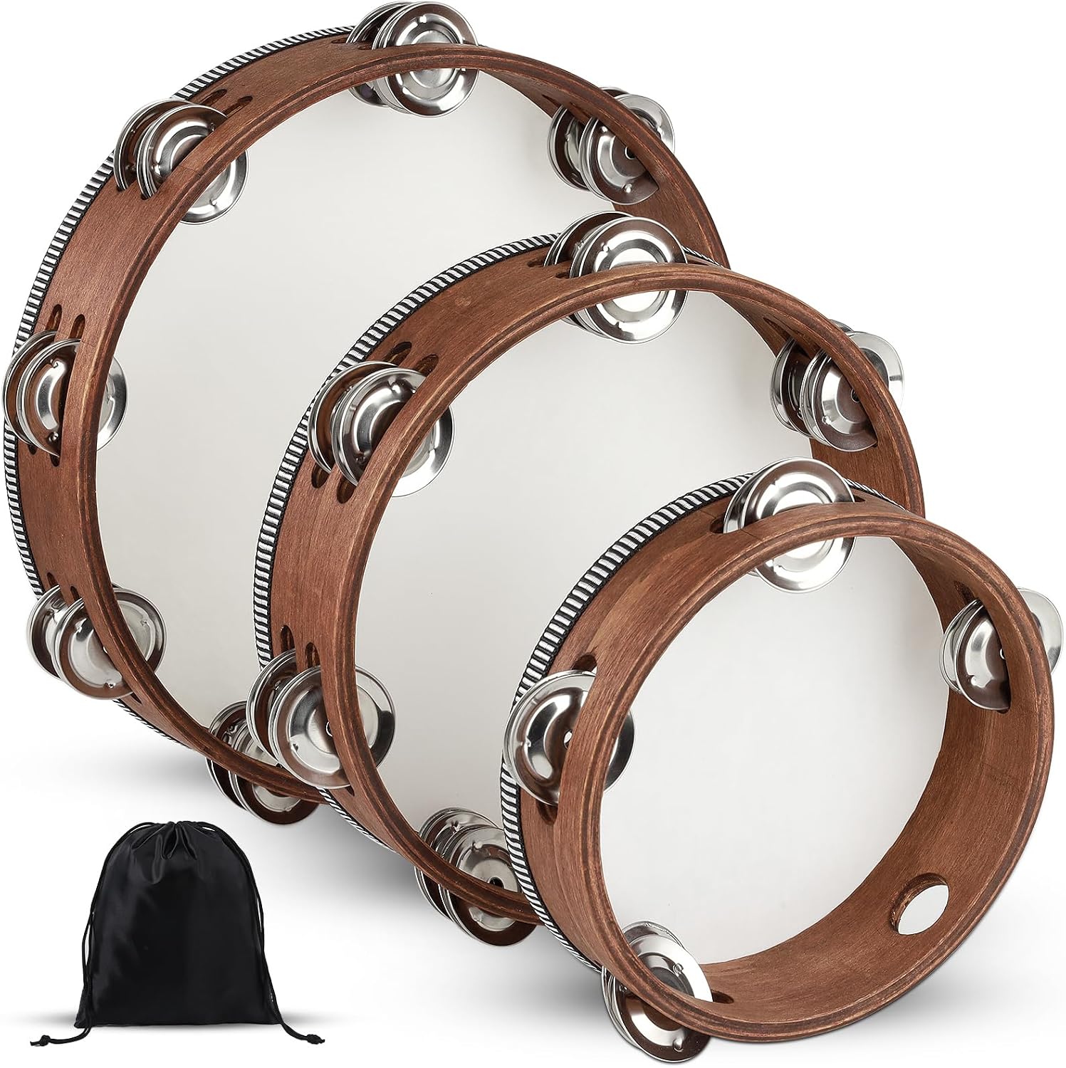 3 PCS Tambourines for Adults with Storage Bag, 6/8/10 in Set | Double Row Jingles for...
