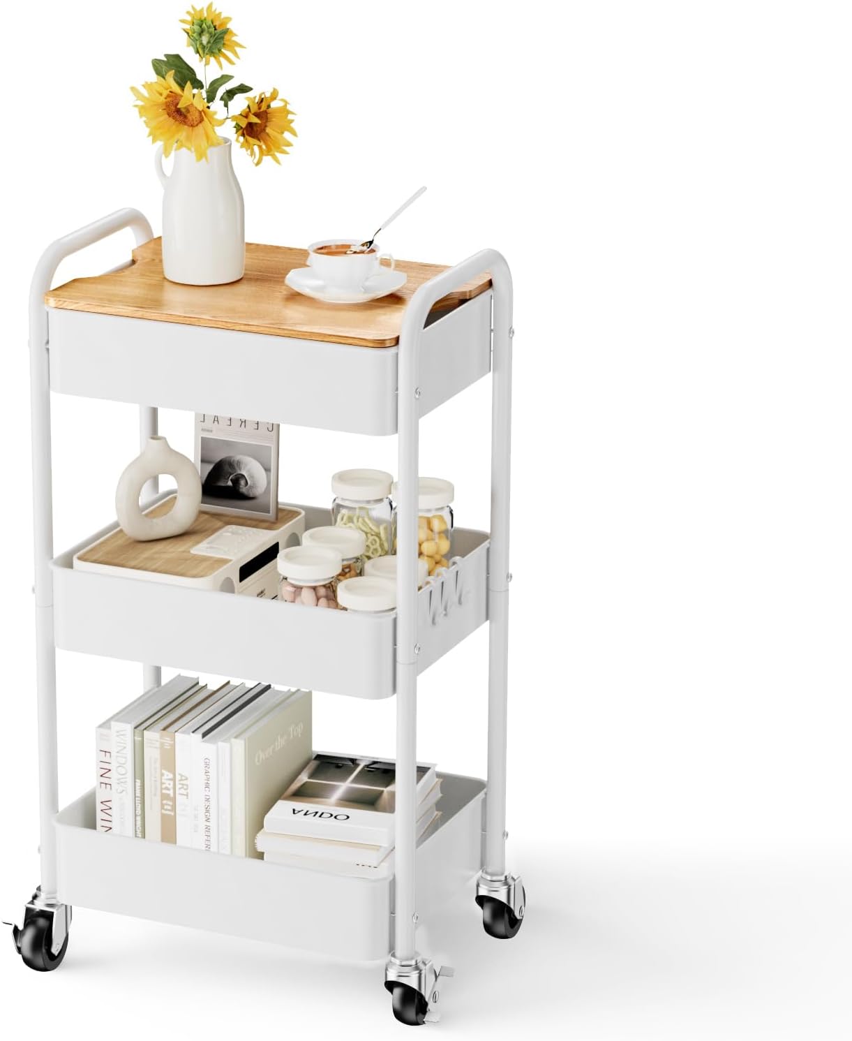 3 Tier Rolling Cart with Table top, Metal Rolling Utility Cart on Wheels, Sturdy Storage...