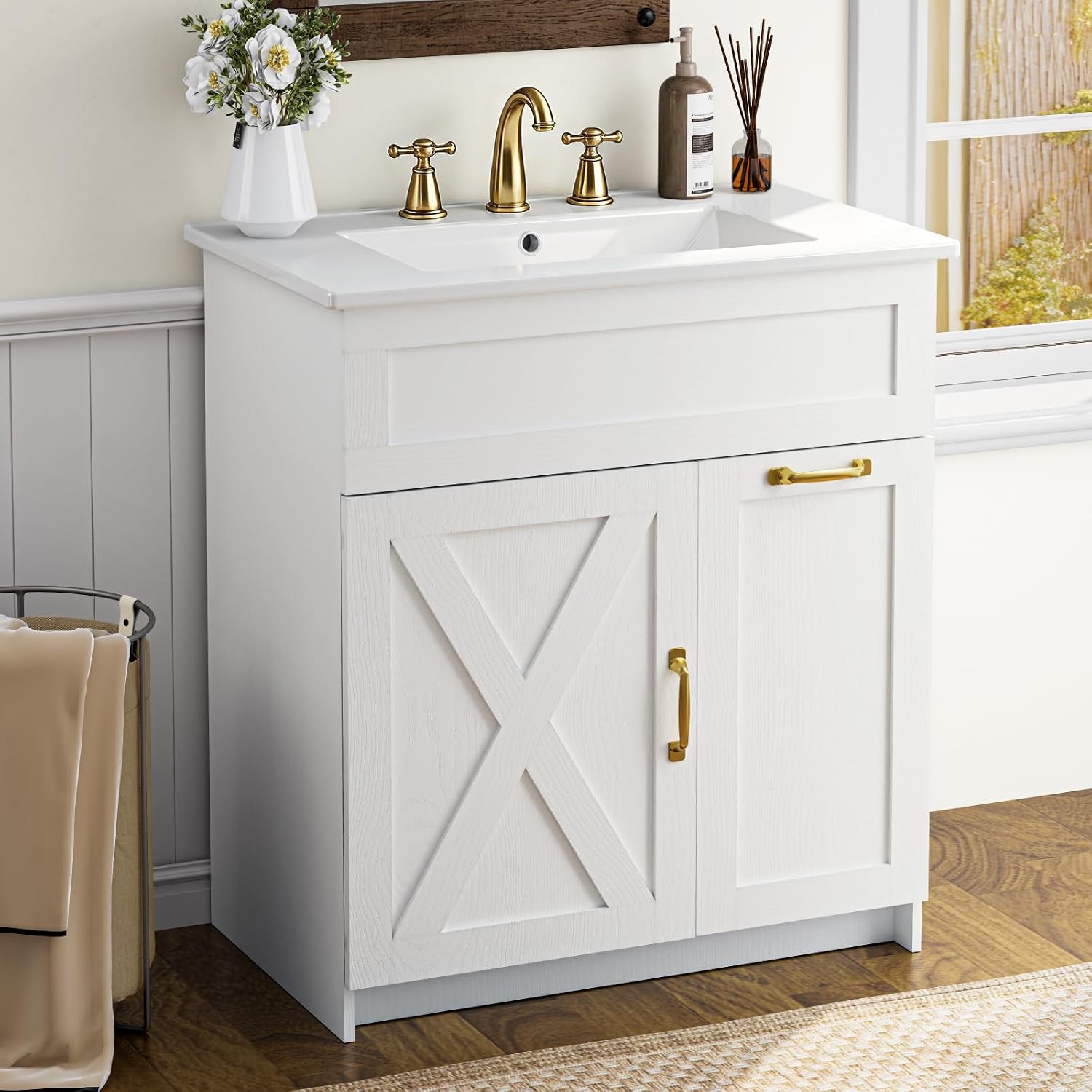 30" Bathroom Vanity with Sink, Solid Wood Frame Bathroom Cabinet, Bath Vanity Set with 2...