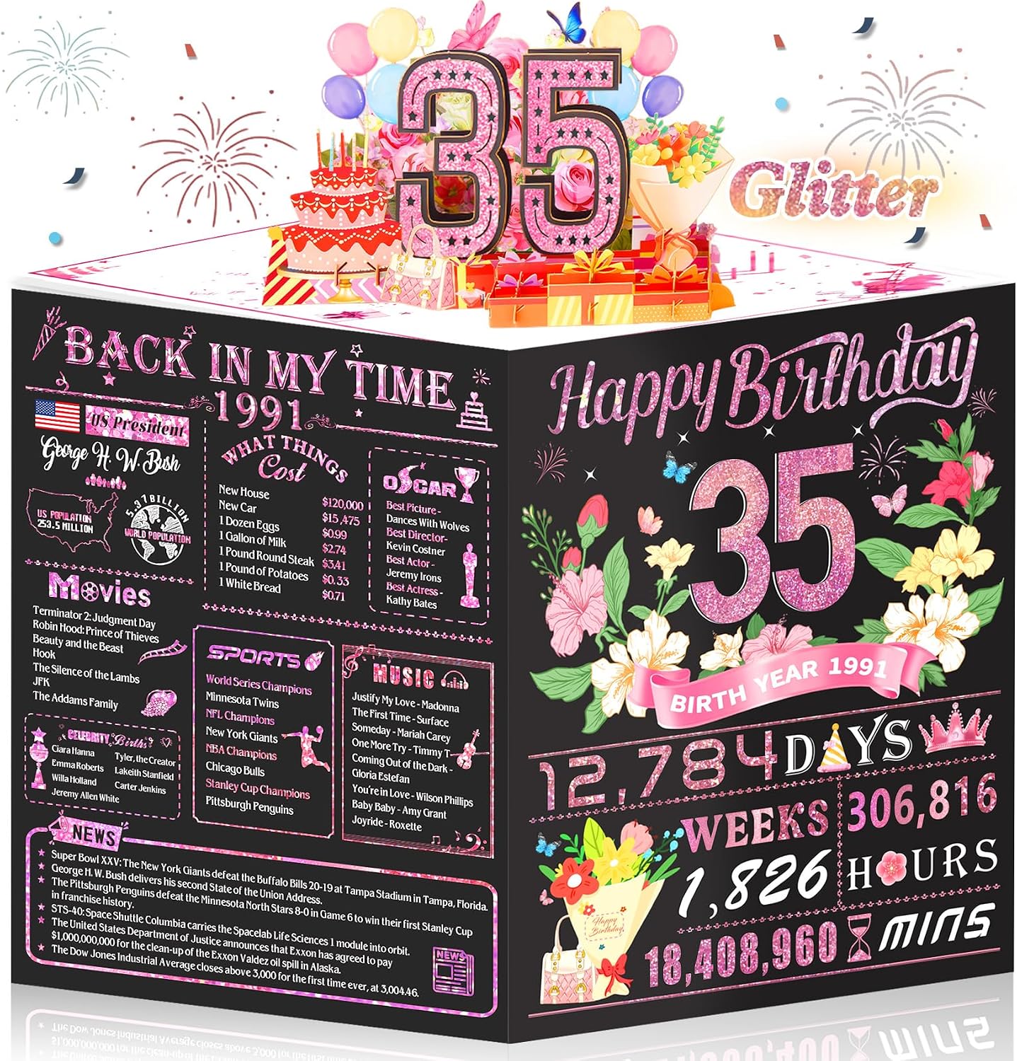 35th Birthday Card for Women,Jumbo Pop Up 35th Birthday Cards for Her Friend,Back In 1991...