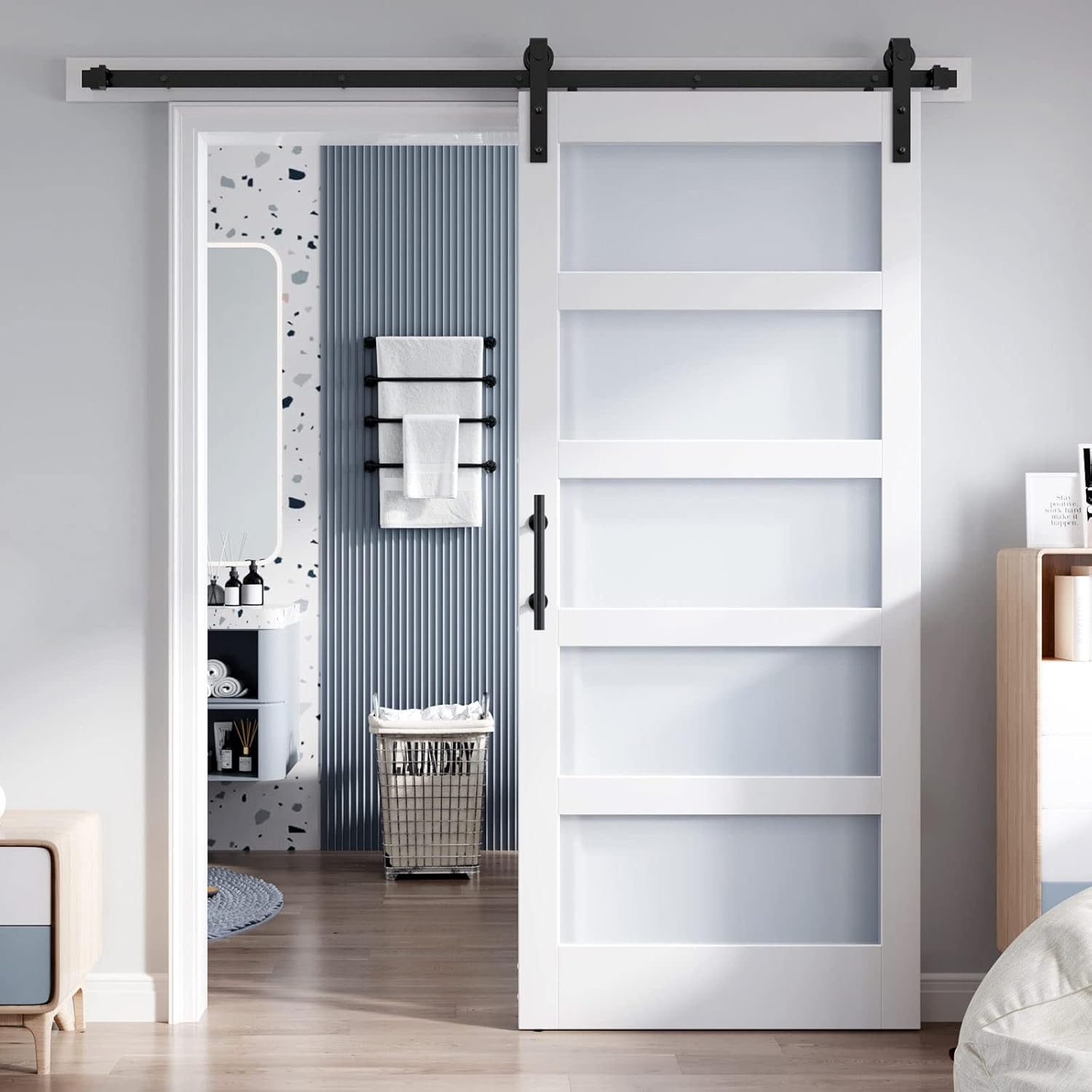 36x84 Inch Glass Sliding Barn Door Slab and 6.6ft Hardware Kit Included, 5 Frosted Glass...
