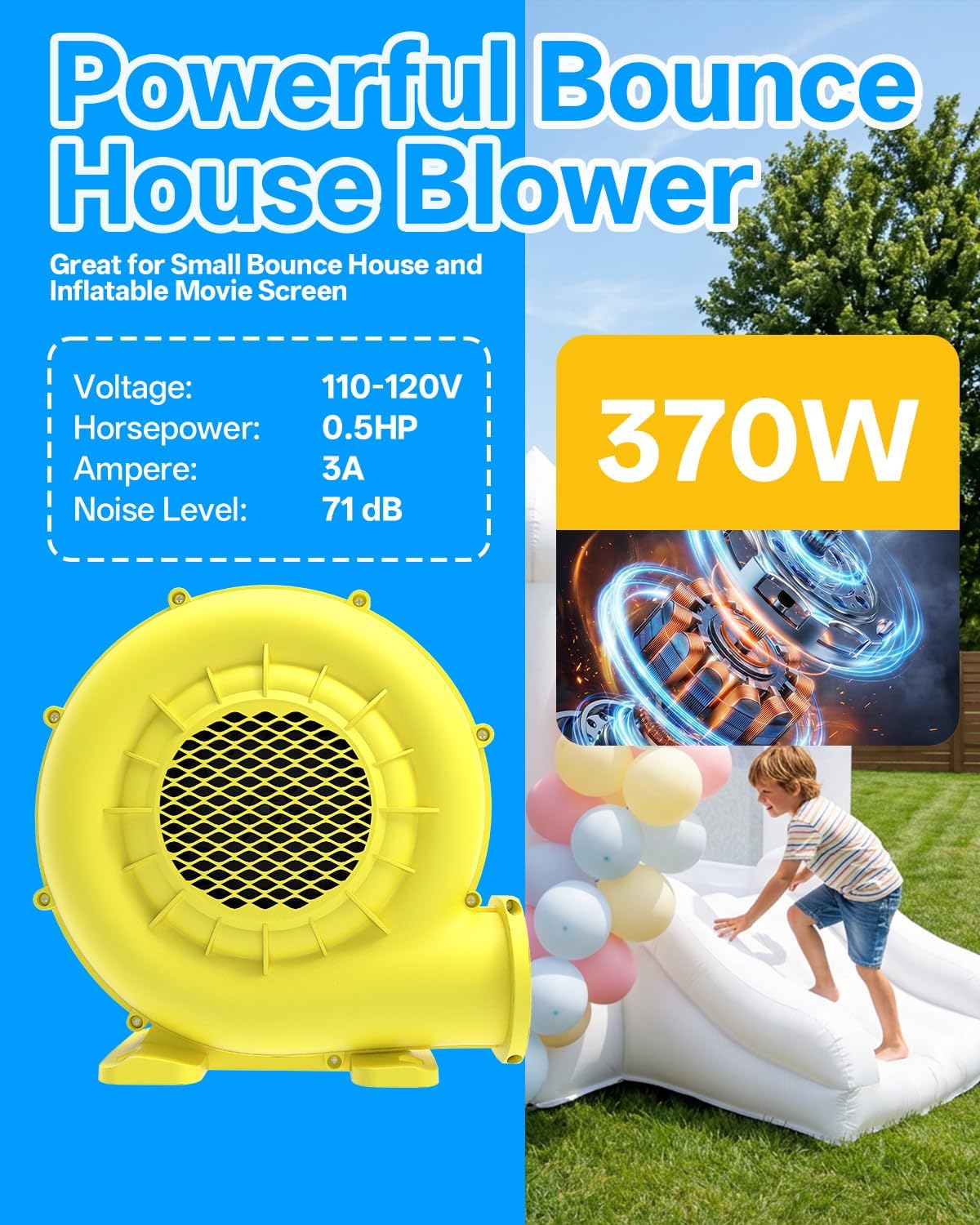 370W Blower for Bounce House: Heavy-Duty Portable Inflatable Blower with Double-Sided Fan... image