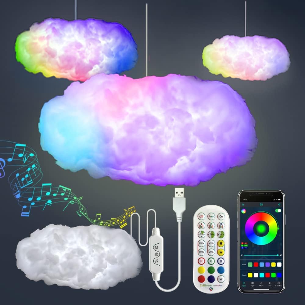 3D Big Cloud lightning Light Kit Music Sync Warm White Multicolor lightning Changing Strip...