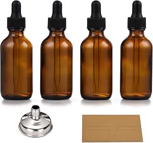 4 Pack, 1 oz Thick Dark Amber Glass Dropper Bottles with 1 Funnels & 4 Labels - 30ml...