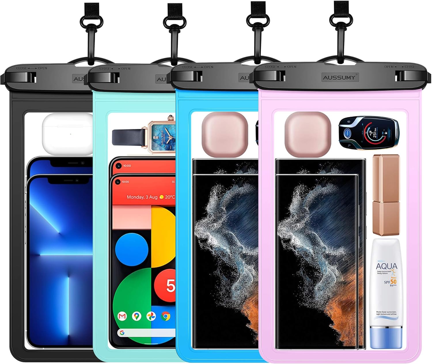 4 Pack 10.5“ Large Waterproof Phone Pouch - Underwater Clear Cell Holder - Universal Water...