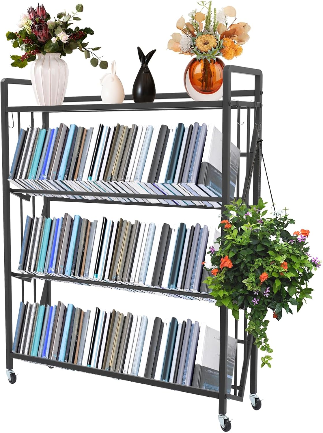 4 Tier Rolling Book Cart, 35.4"x9.8"x44" Metal Bookshelf on Wheels Large Capacity Mobile...