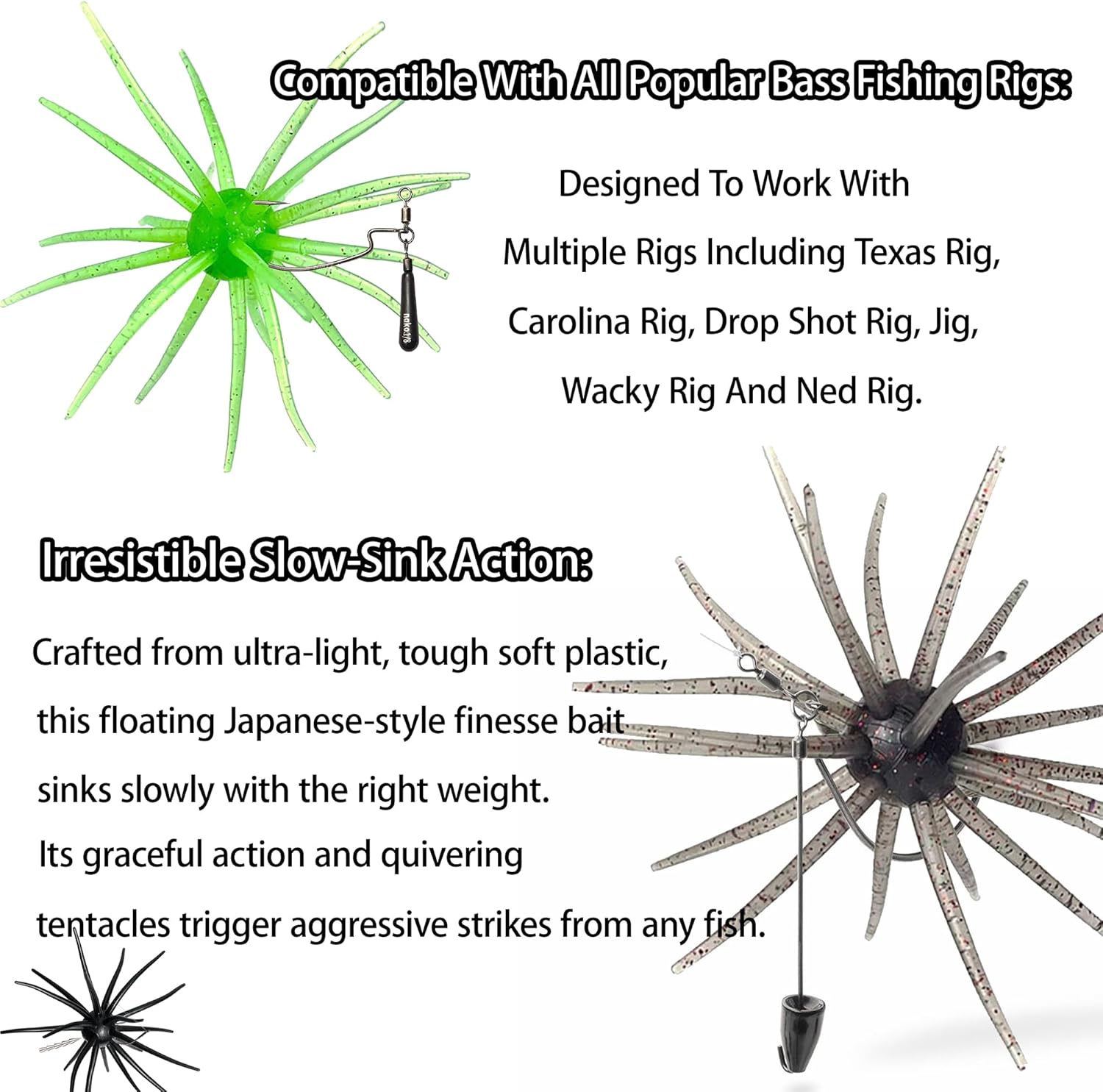 4Pcs Floating Sea Urchin Soft Lure | Tentacle Creature Lure, 4.33" & 3.54" TPR Finesse... image