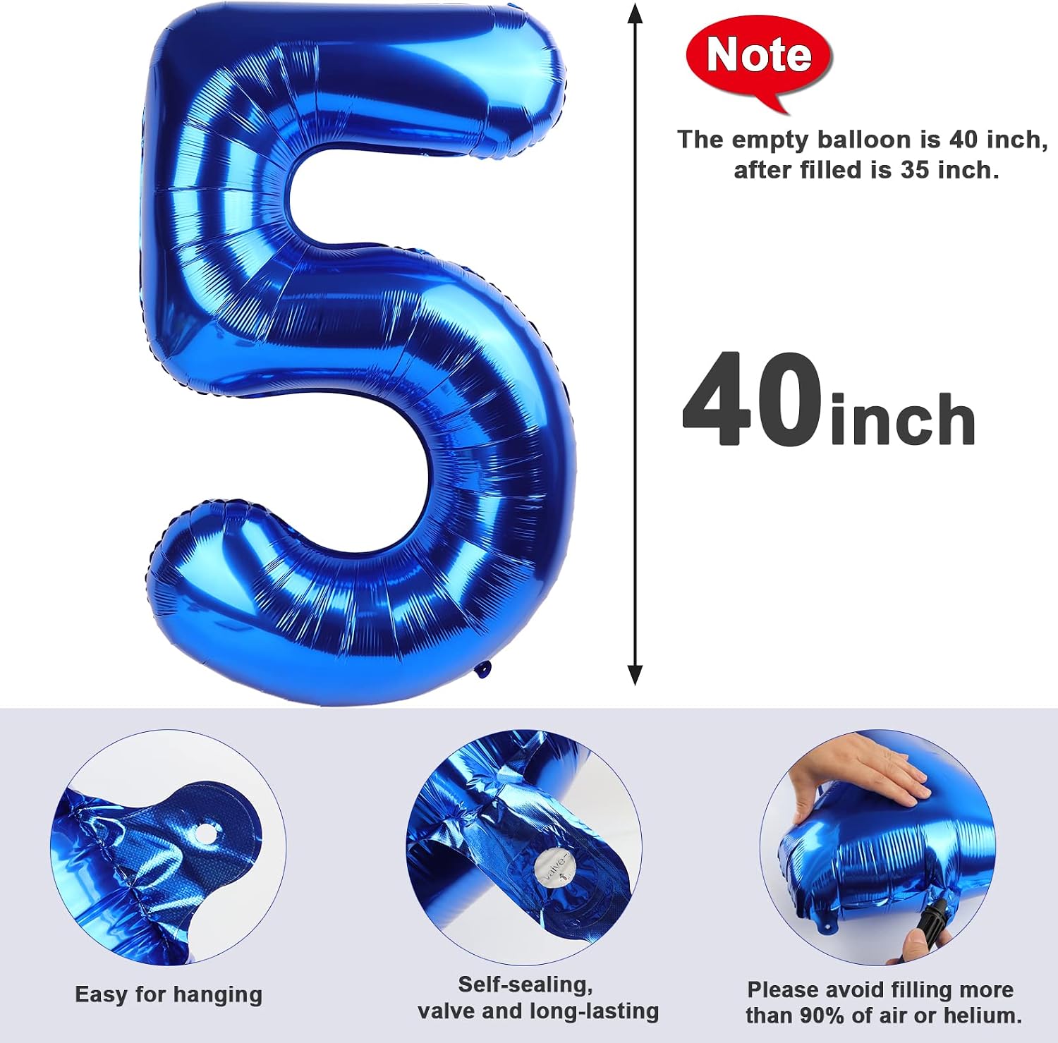 5 Balloon Numbers 40 Inch Blue Birthday Decorations for 5th Boys Girls, Self Inflating Big... image