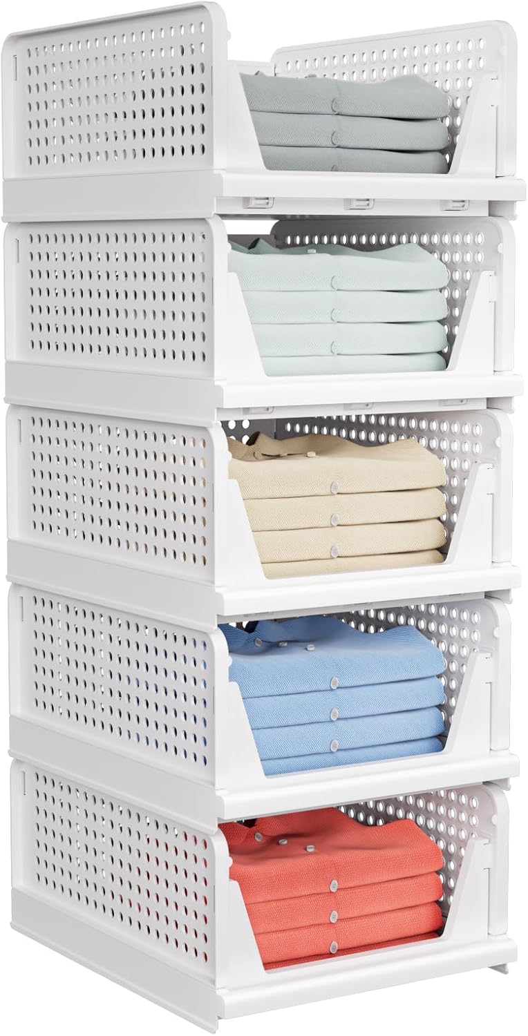 5 Pack Stackable Closet Storage Basket - Stackable Storage Bins, Multifunctional & Foldable...