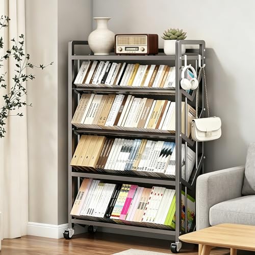 5-Tier Rolling Book Cart with Wheels - Metal Library Shelving Unit with Hooks & Partitions...
