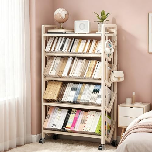 5-Tier Rolling Metal Book Cart with Wheels, Large Capacity Mobile Bookshelf Organizer for...