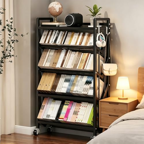 5-Tier Rolling Metal Book Cart with Wheels, Large Capacity Mobile Bookshelf Organizer for... image