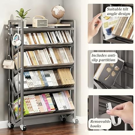 5-Tier Rolling Metal Book Cart with Wheels, Large Capacity Mobile Bookshelf Organizer for... image