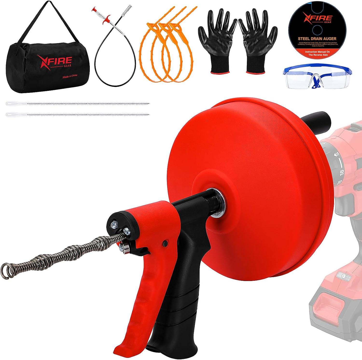 50 FT Double Mode Drain Snake Tools, 11-in-1 Drain Auger for Sink and Drain Unblocking...
