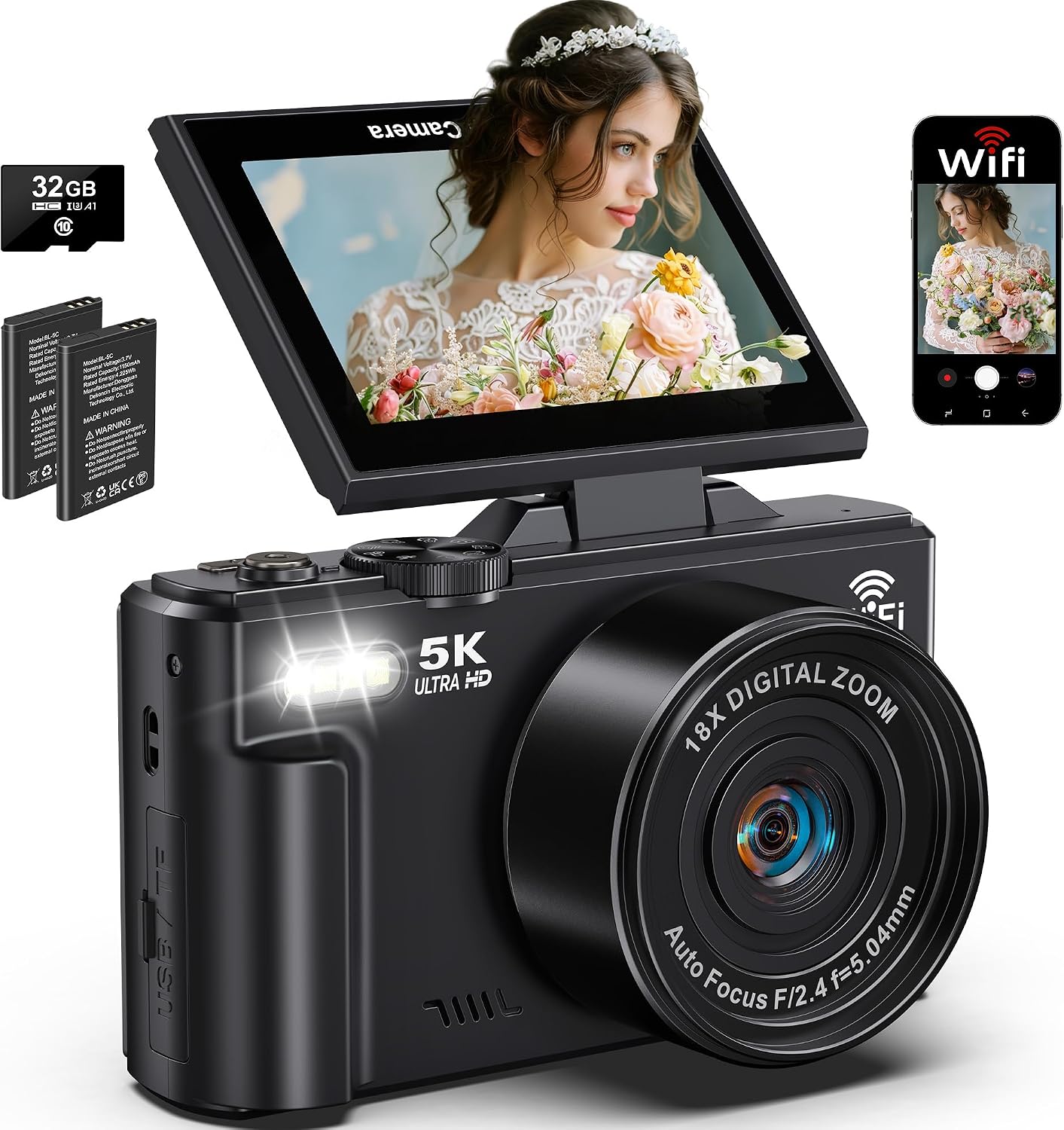 5K Digital Camera for Photography, 75MP WiFi Vlogging Camera for YouTube with 3" 180° Flip...