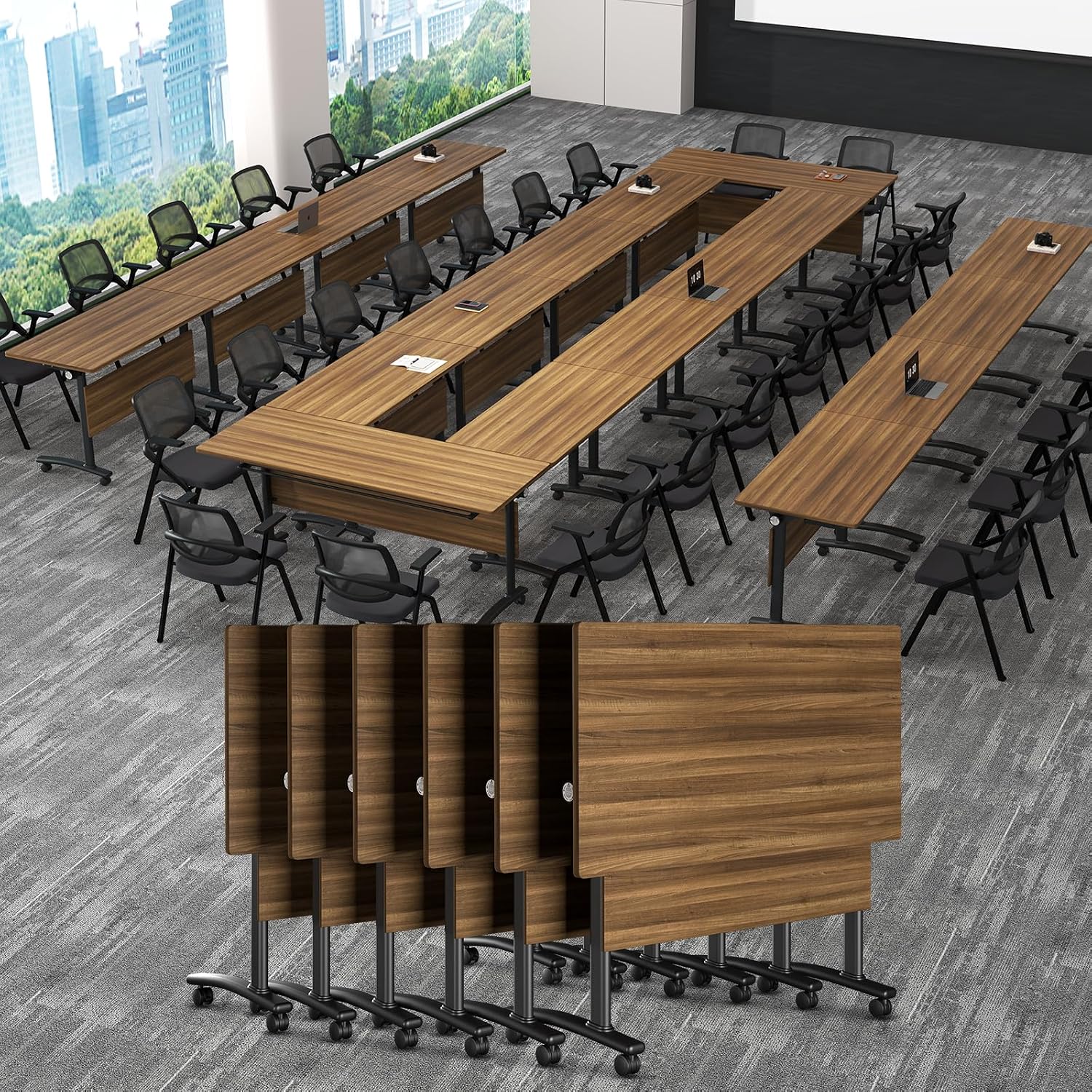 6.5FT Folding Conference Table,Portable Large Mobile Meeting Seminar Table on Wheels,62.9in...