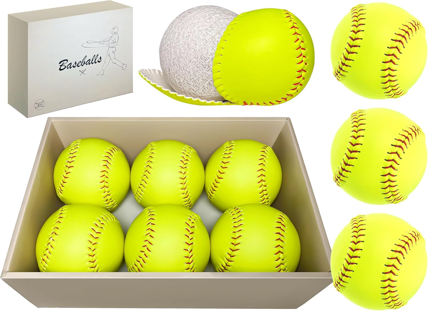6 Pack Sports Practice Softballs - 12-Inch Official Size and Weight Slowpitch Softball...