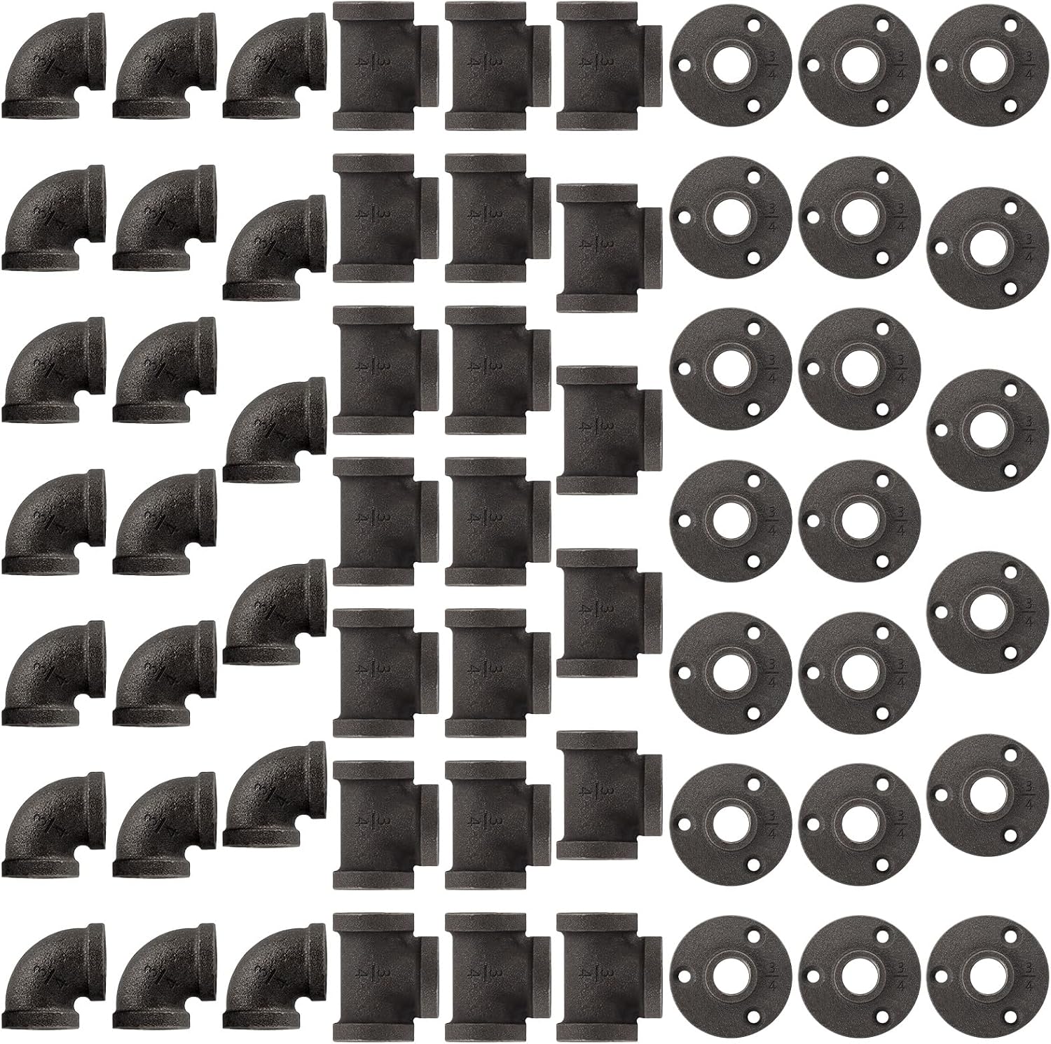 60 Pack 3/4 Inch Cast Iron Pipe Fittings (20 Elbows, 20 Tees, 20Flange), Industrial Pipe for...