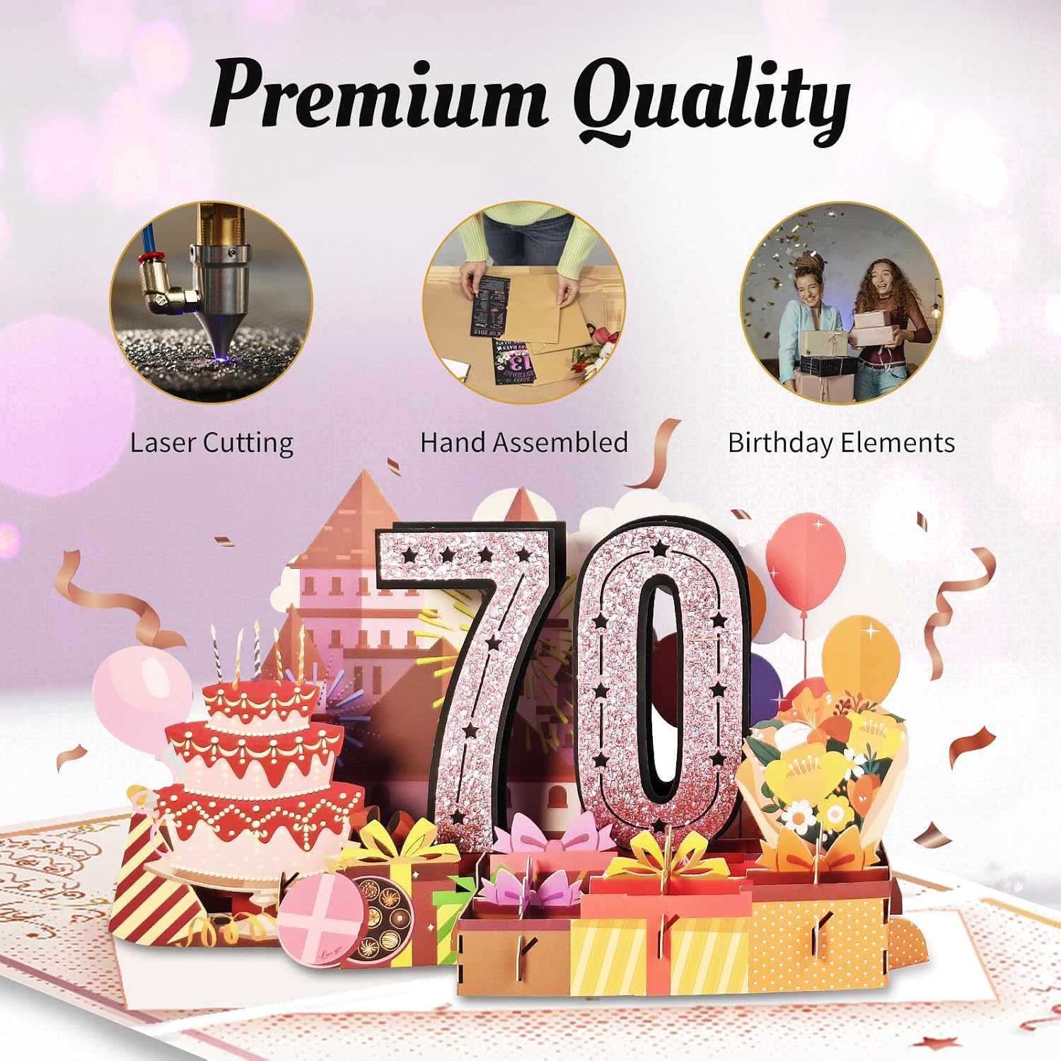 70th Birthday Card for Women Her, Large 3D Pop Up 70th Birthday cards for Mom Grandma, Happy... image