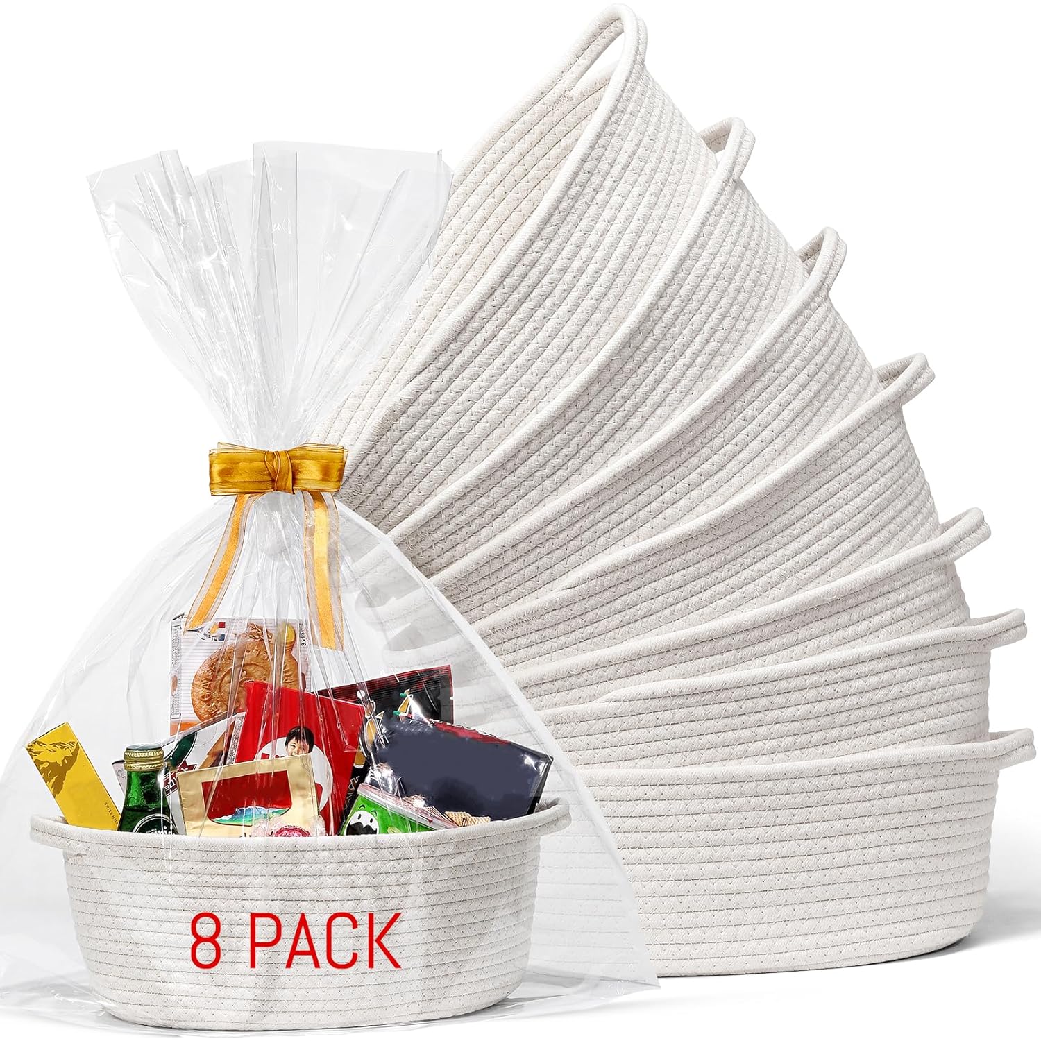 8 Pack Small Woven Basket with Gift Bags and Ribbons, All 12"x 8"x 5", Empty Decorative Gift...