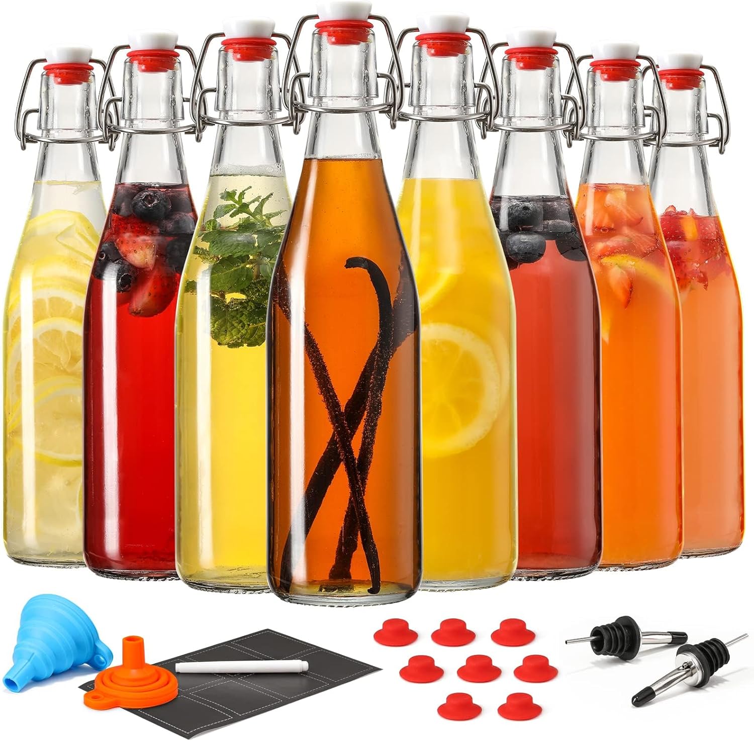 8 Set 16 OZ Swing Top Glass Bottles - Flip Top Beer Brewing Bottles with Stopper for...