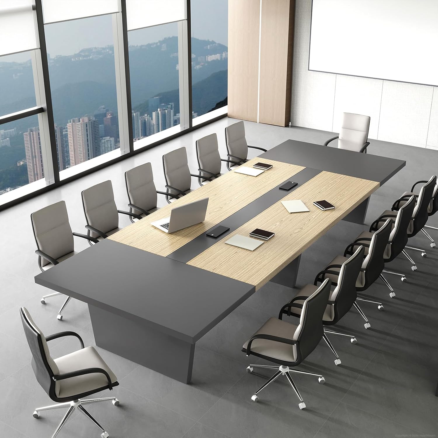 8FT Conference Table for 6-8 People, Large Rectangular Boardroom Meeting Table with Built-in...
