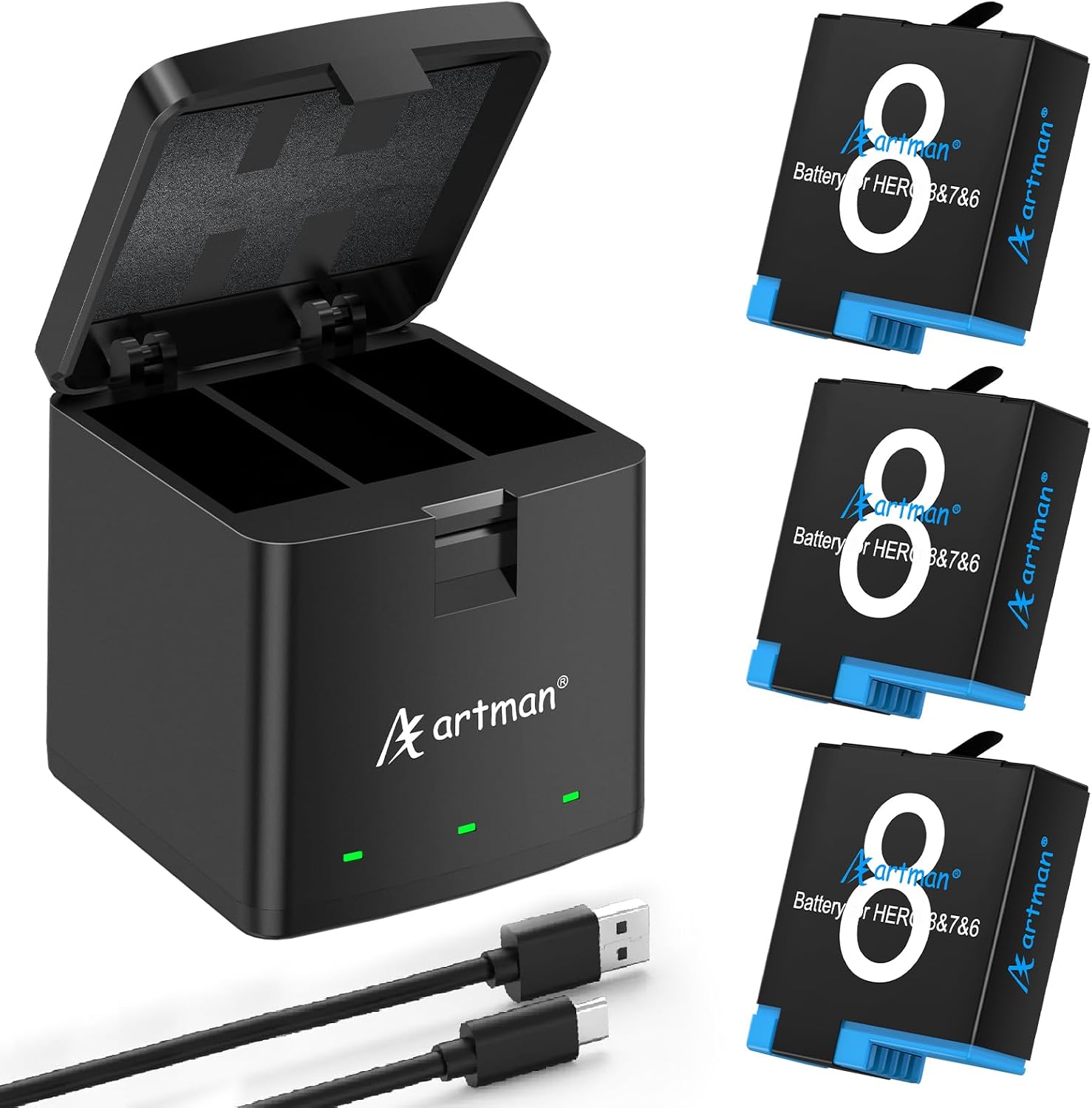 A Artman Battery 1500mAh for GoPro Hero 8/7/6/5 Black and 3-Channel LED USB Charger Fully...