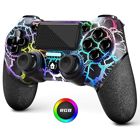 AceGamer Light-up Wireless Controller for PS4,Black Crack Custom Design with RGB...