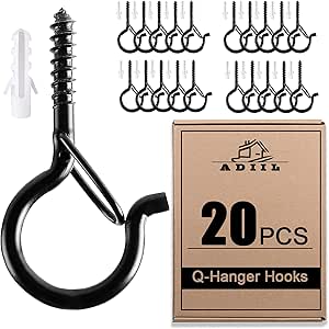 ADIIL 20 PCS Q Hanger Hooks with Safety Buckle, Windproof Screw Hooks for Hanging Outdoor...