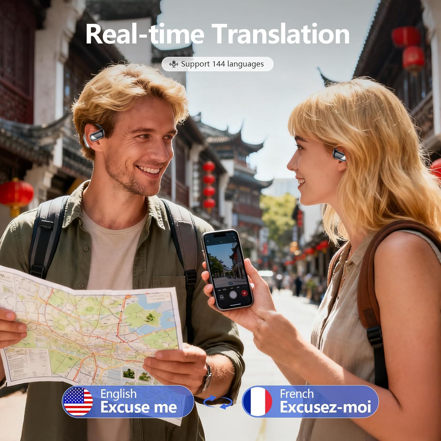 AI Open Ear Headphones Translation Earbuds, Real-Time 2-Way Language Translator Device... image
