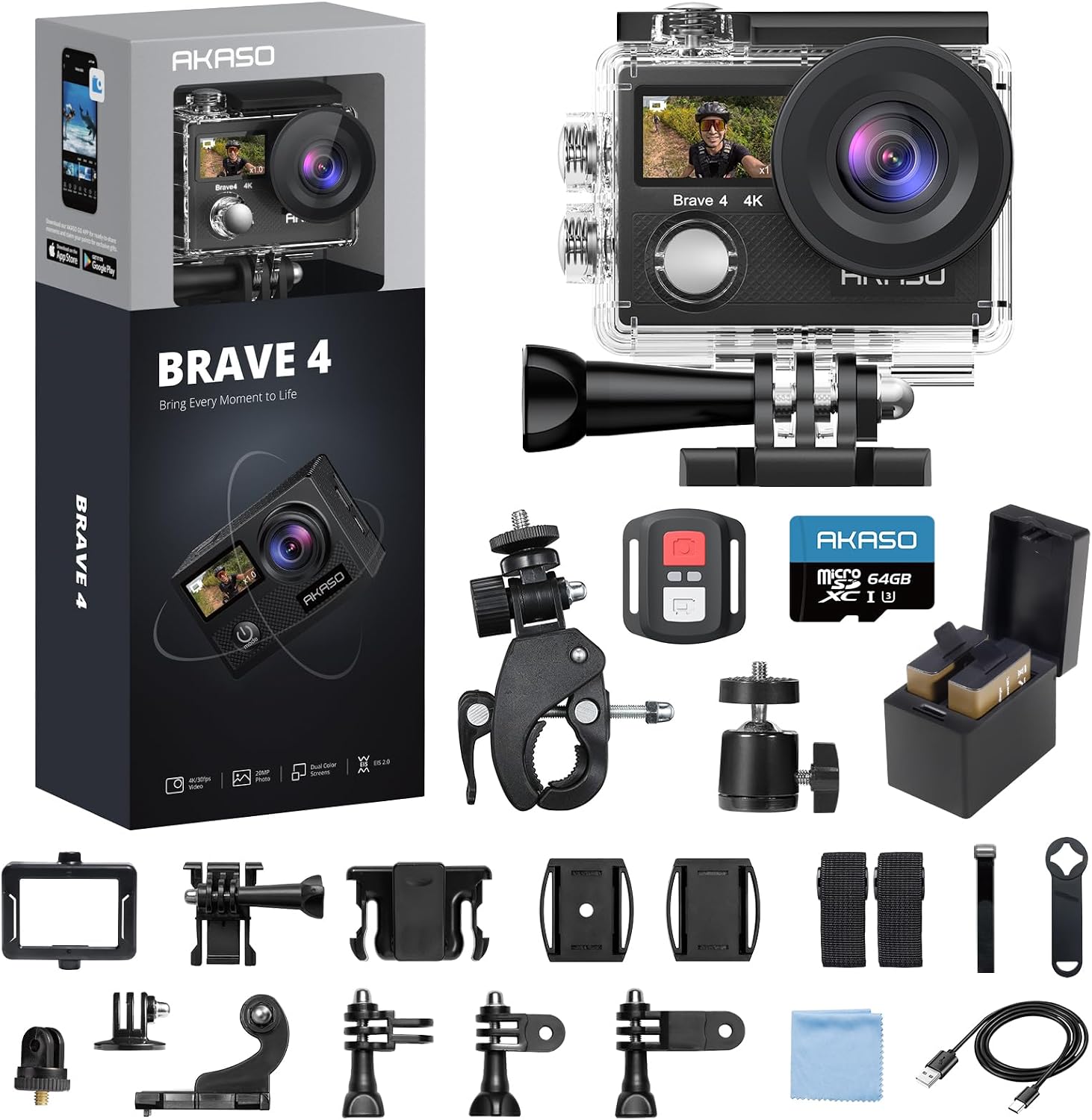 AKASO Brave 4 Action Camera 4K 30fps with 64GB MicroSD U3 Card Bicycle Helmet Accessories...