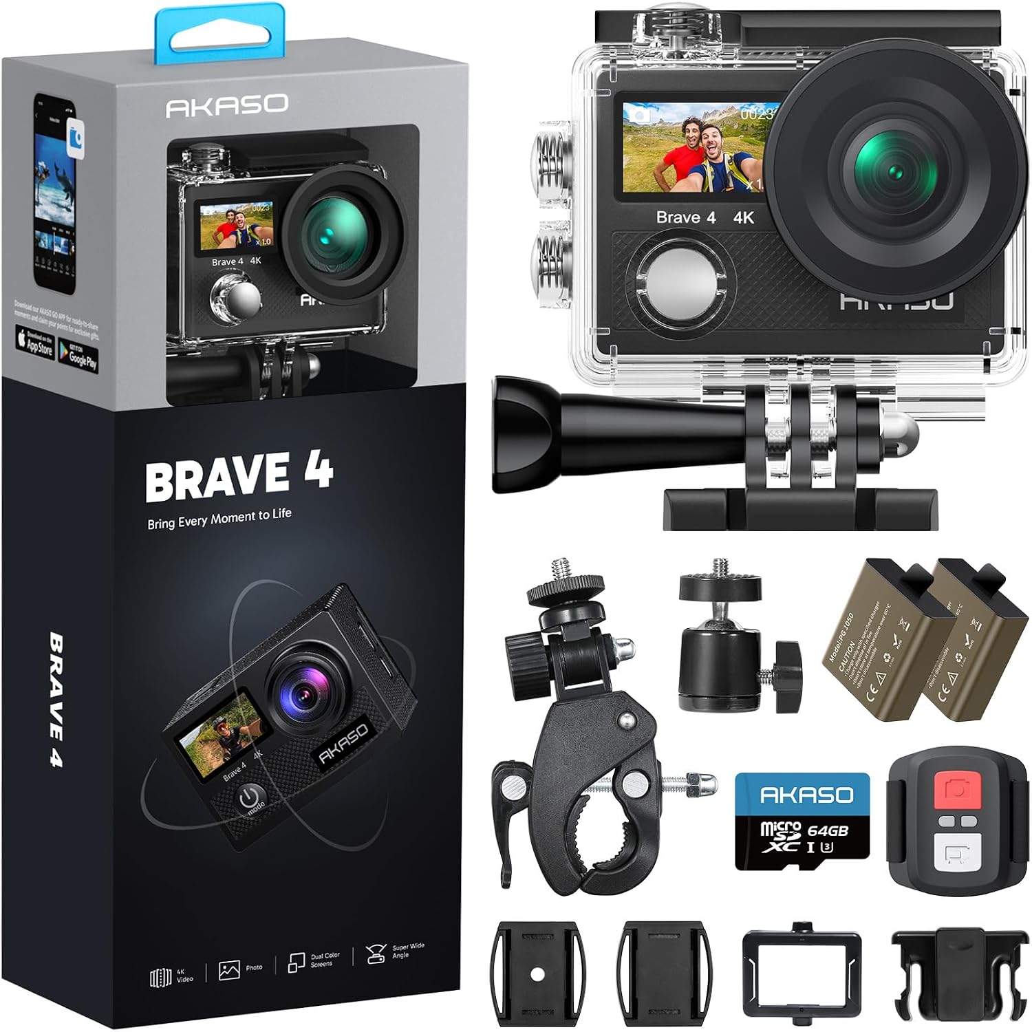 AKASO Brave 4 Action Camera with 64GB MicroSDXC U3 Card 4K30FPS 20MP Ultra HD 131FT...