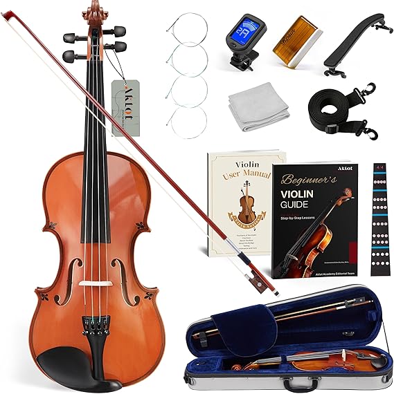 AKLOT Handcrafted Full Size Violin: Solid Wood Glossy Fiddle, Acoustic Beginner 4/4 Violin...