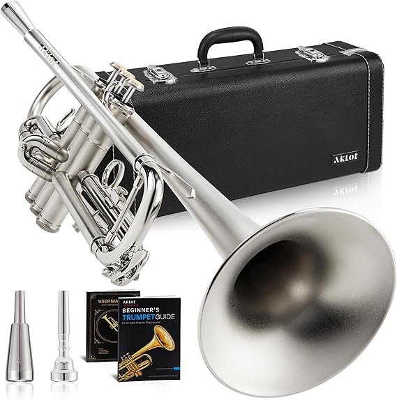 AKLOT Weighted Leadpipe Bb Trumpet: Satin Silver, Mouthpiece Booster, 7C Mouthpiece*2...